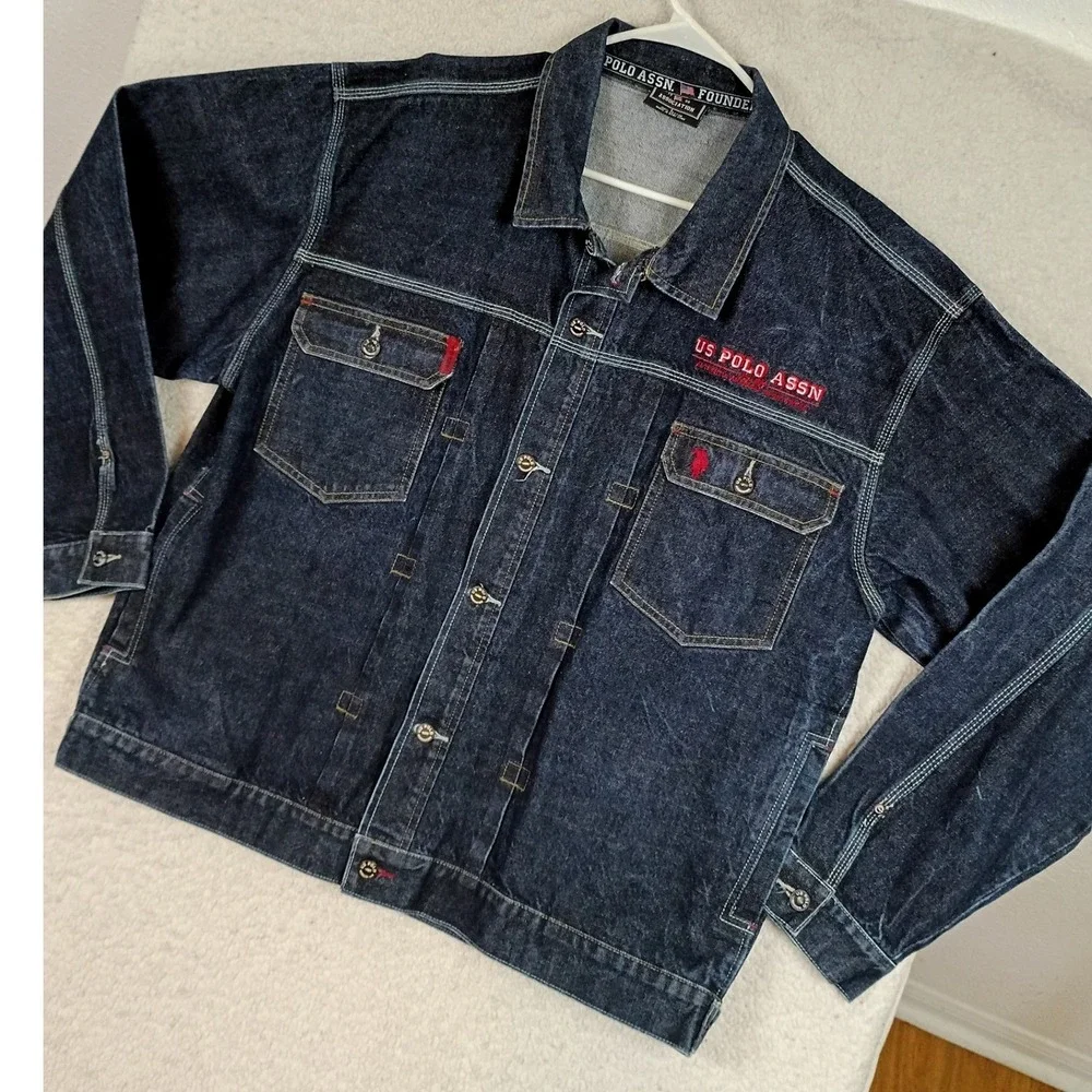 Vintage US Polo Assn Denim Jacket Trucker Mens L* Oversized Dark Wash 90s Street
